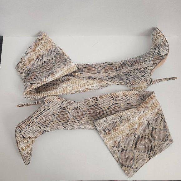 Fashion Nova High Voltage Snakeskin Boots high thigh beige sz 6 - Picture 2 of 9